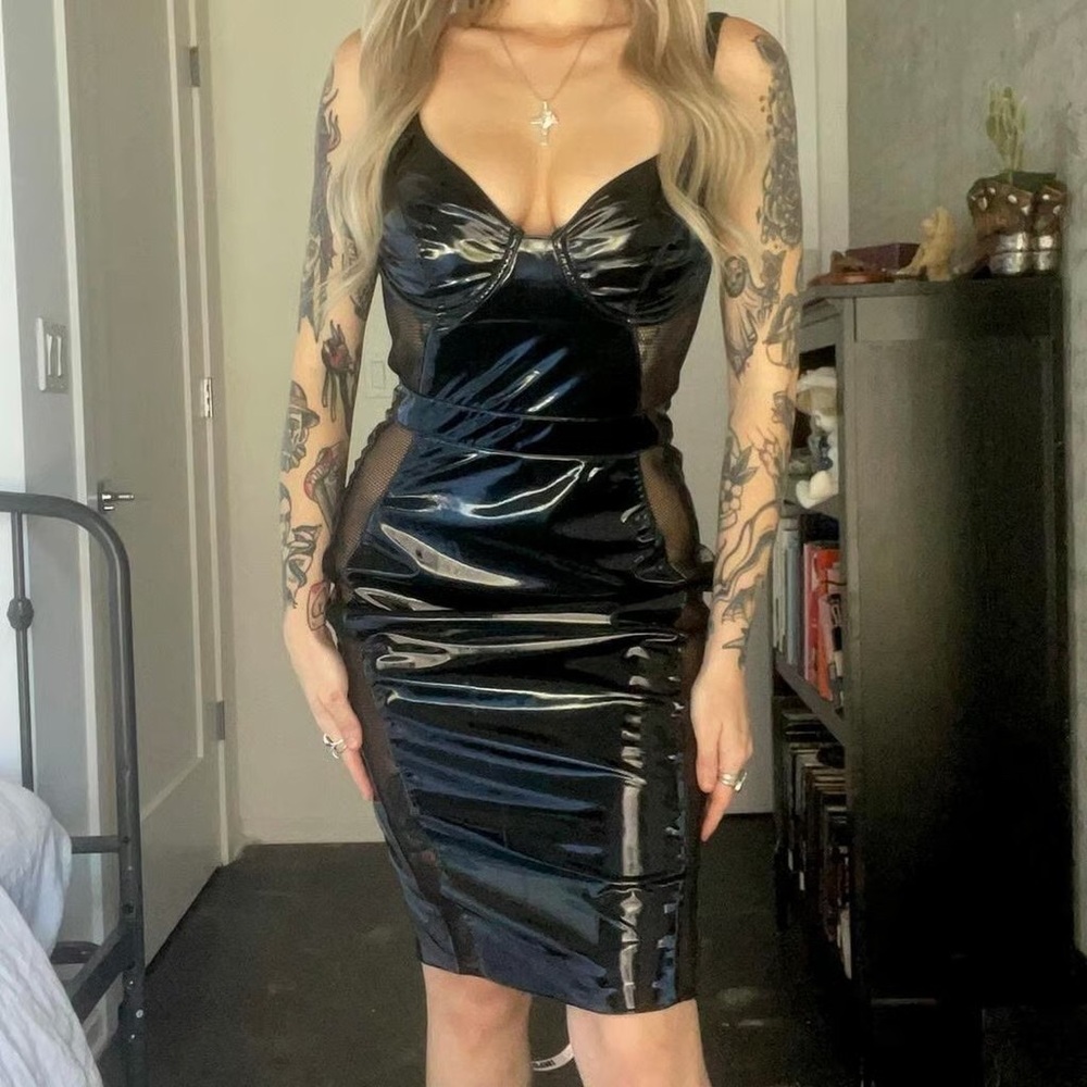 pvc latex wet look body con midi dress
